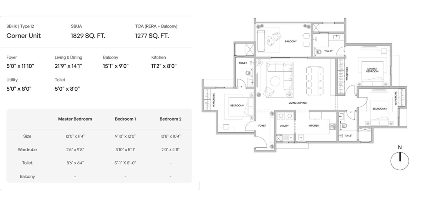 3 BHK 1829 Sq. Ft. Apartment