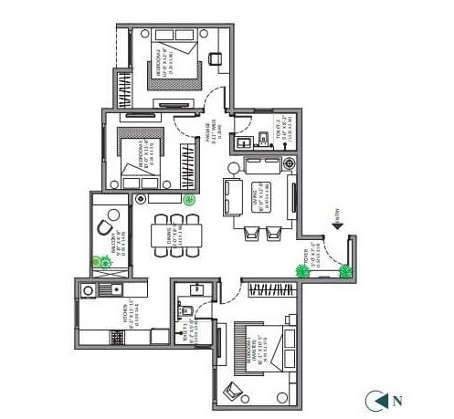 Floor plan of 3 BHK 1366 Sq. Ft. Apartment in Assetz Marq Building 3 Tower 6, Bangalore