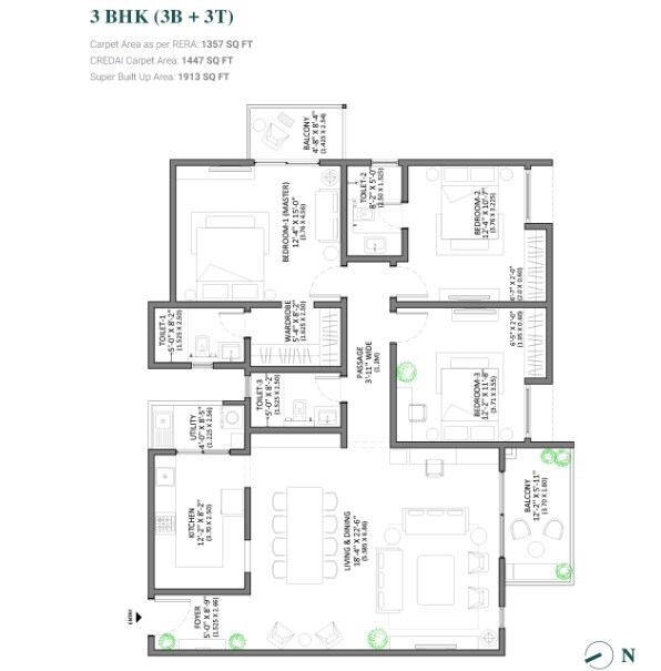Floor plan of 3 BHK 1913 Sq. Ft. Apartment in Assetz Marq Building 3 Tower 6, Bangalore