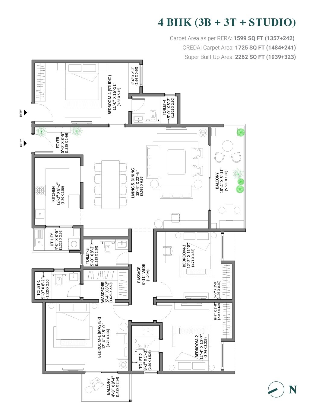 Floor plan of 4 BHK 2262 Sq. Ft. Apartment in Assetz Marq Building 3 Tower 6, Bangalore