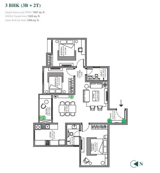 3 BHK 1366 Sq. Ft. Apartment in Assetz Marq Phase 2