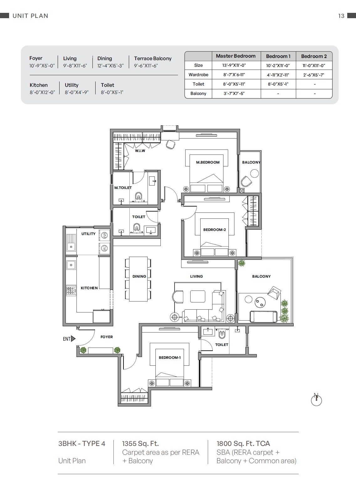Floor plan of 3 BHK 1800 Sq. Ft. Apartment in Assetz Miru And Miyo, Bangalore