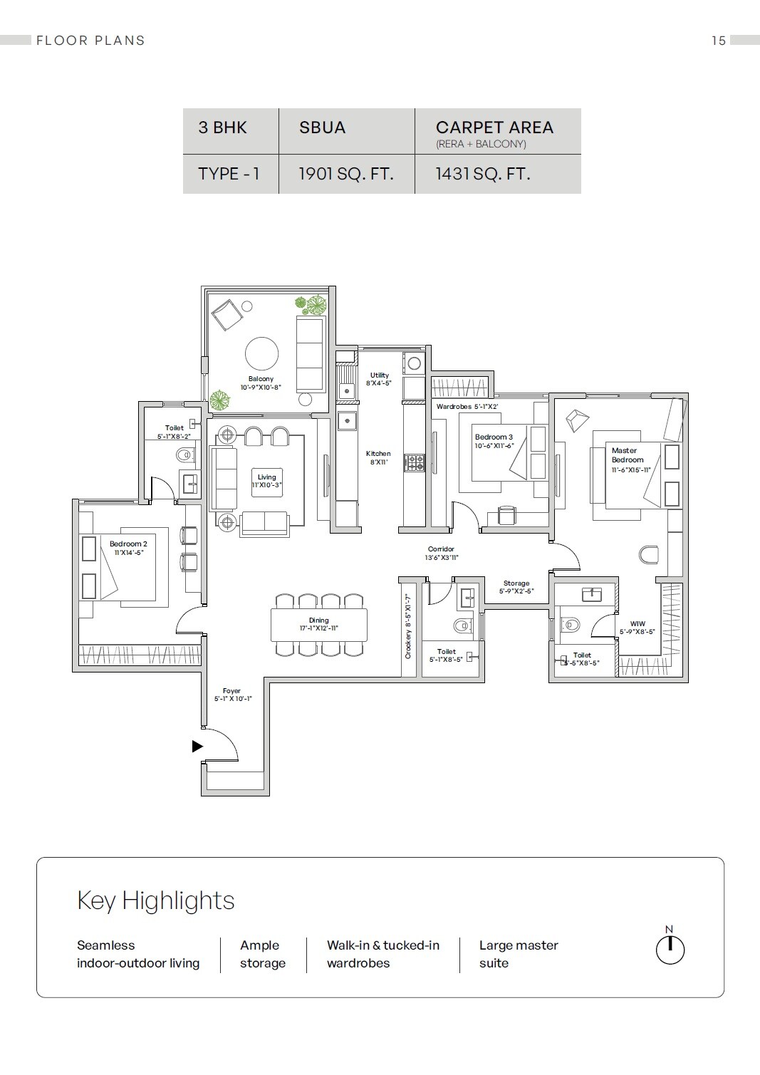 Floor plan of 3 BHK 1901 Sq. Ft. Apartment in Assetz Mizumi Reserve, Bangalore
