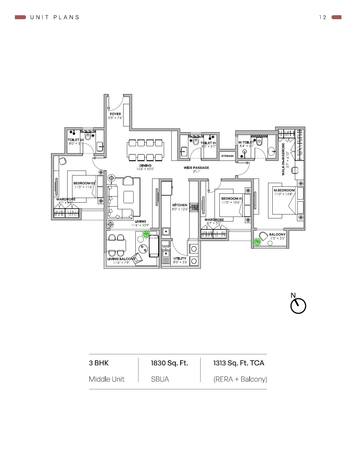 Floor plan of 3 BHK 1830 Sq. Ft. Apartment in Assetz Muse And Maison, Bangalore