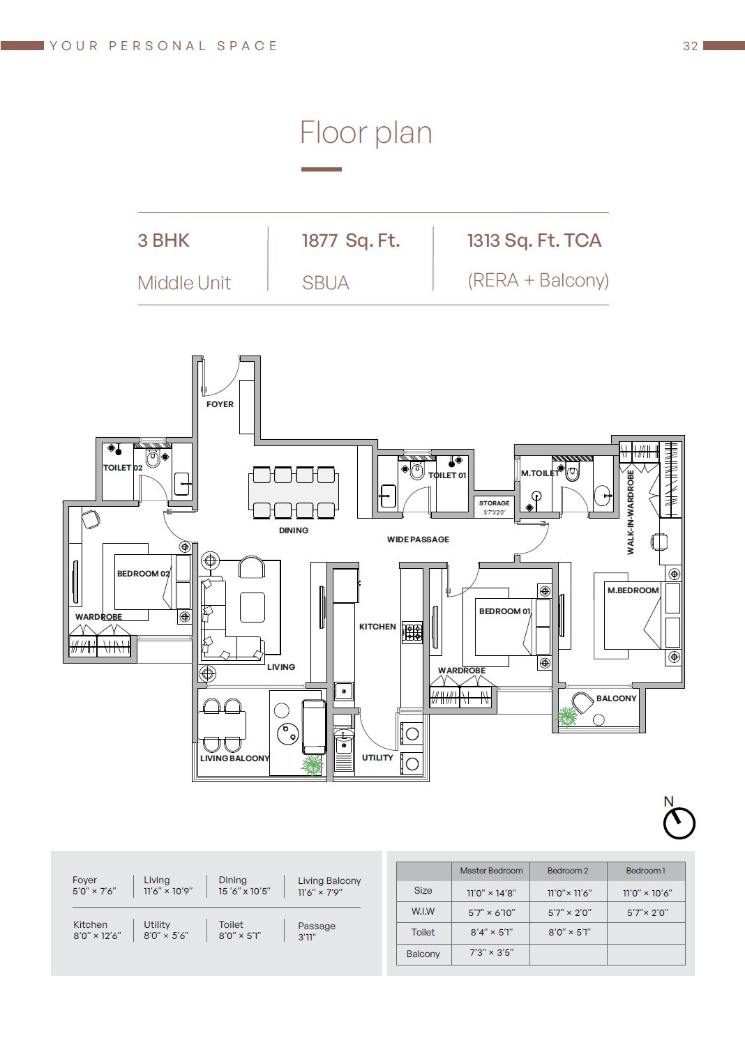 Floor plan of 3 BHK 1877 Sq. Ft. Apartment in Assetz Muse And Maison, Bangalore