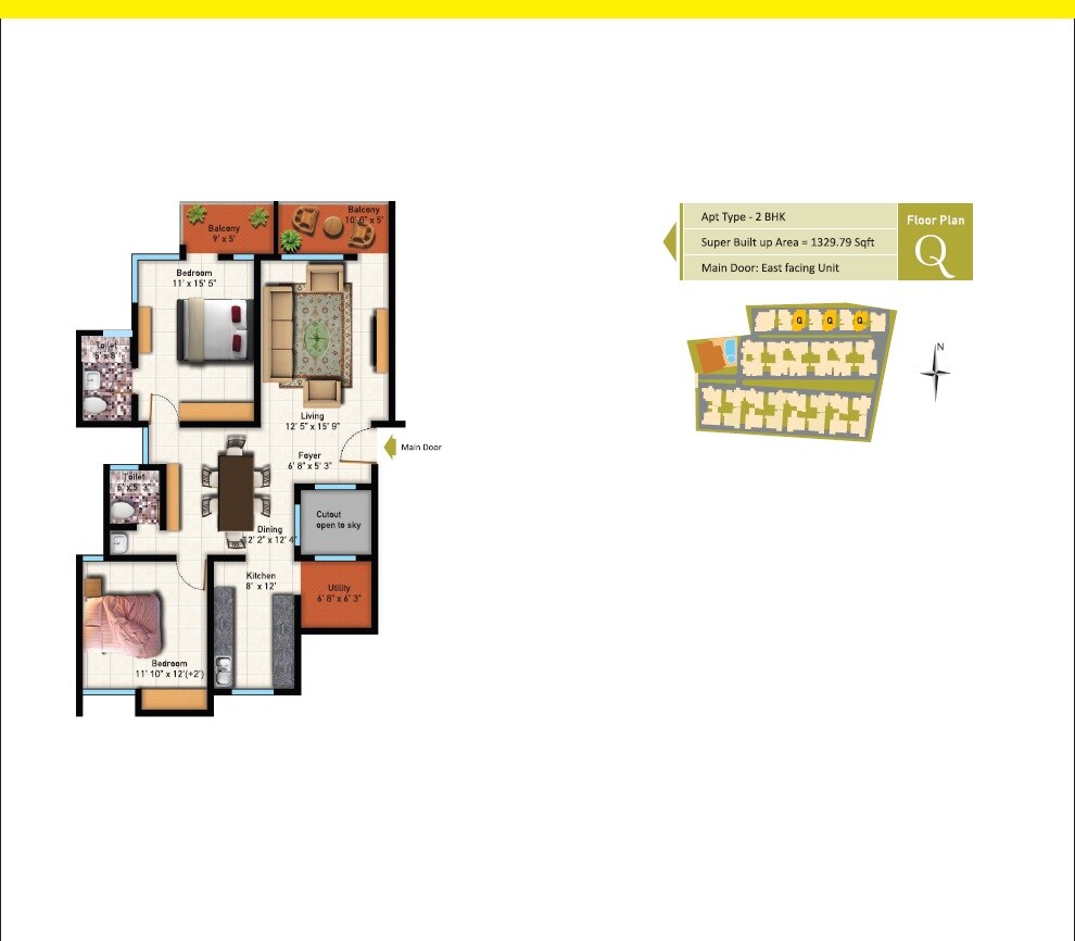 Floor plan of 2 BHK Apartment - 1330 sq. ft. in Astro Maison Douce, Bangalore