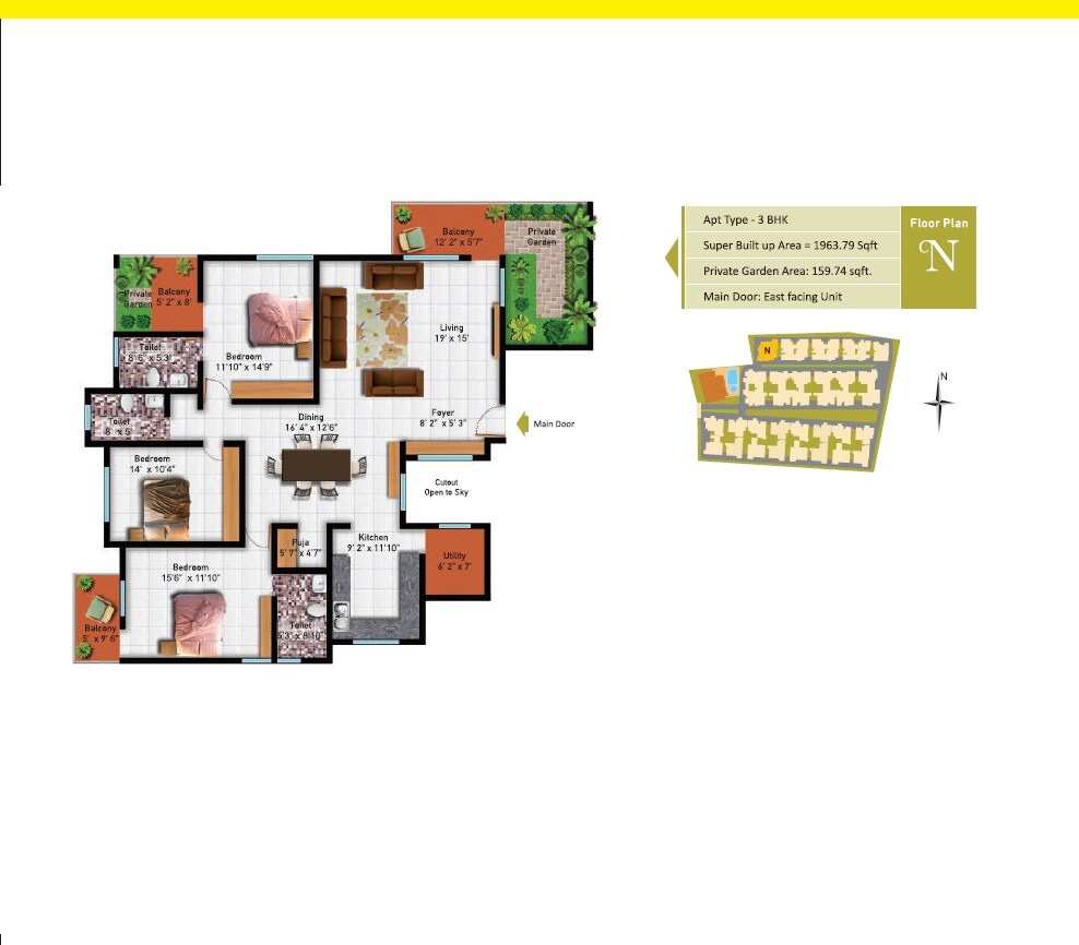 Floor plan of 3 BHK Apartment - 1964 sq. ft. in Astro Maison Douce, Bangalore