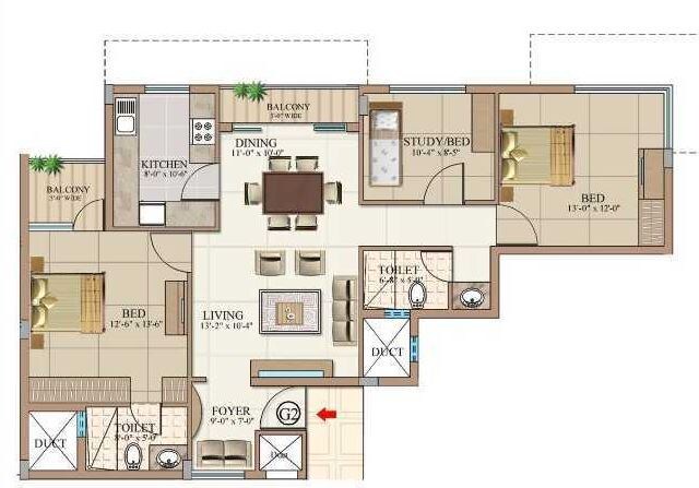 Floor plan of 2 BHK 1506 Sq. Ft. Apartment in Aswan The Marquis, Bangalore