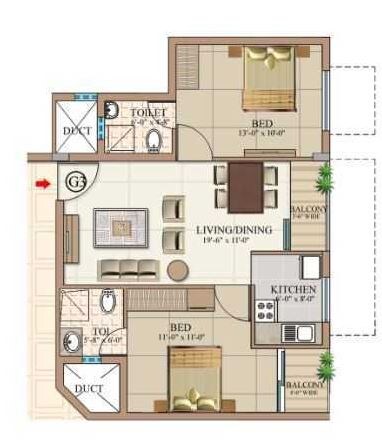 Floor plan of 2 BHK 913 Sq. Ft. Apartment in Aswan The Marquis, Bangalore