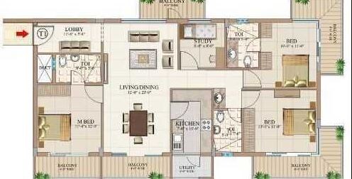 Floor plan of 3 BHK 1381 Sq. Ft. Apartment in Aswan The Marquis, Bangalore