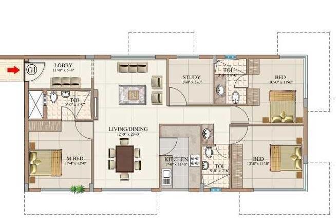 Floor plan of 3 BHK 1758 Sq. Ft. Apartment in Aswan The Marquis, Bangalore
