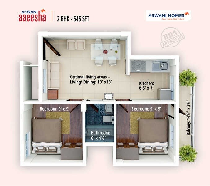 Floor plan of 2 BHK 545 Sq. Ft. Apartment in Aswani Aaeesha, Bangalore