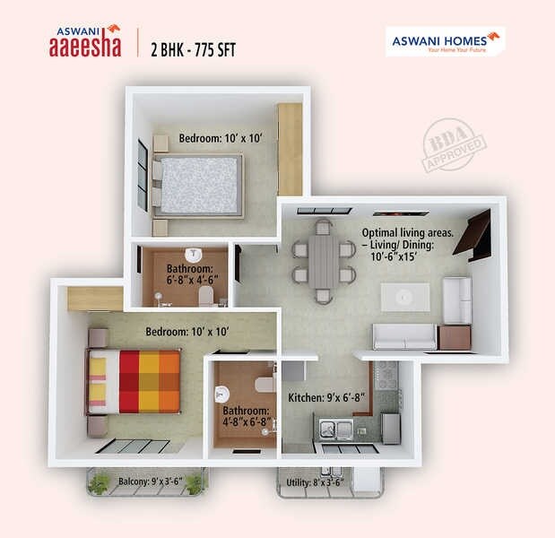 Floor plan of 2 BHK 775 Sq. Ft. Apartment in Aswani Aaeesha, Bangalore