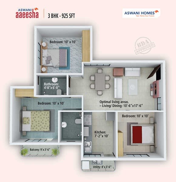 Floor plan of 3 BHK 925 Sq. Ft. Apartment in Aswani Aaeesha, Bangalore