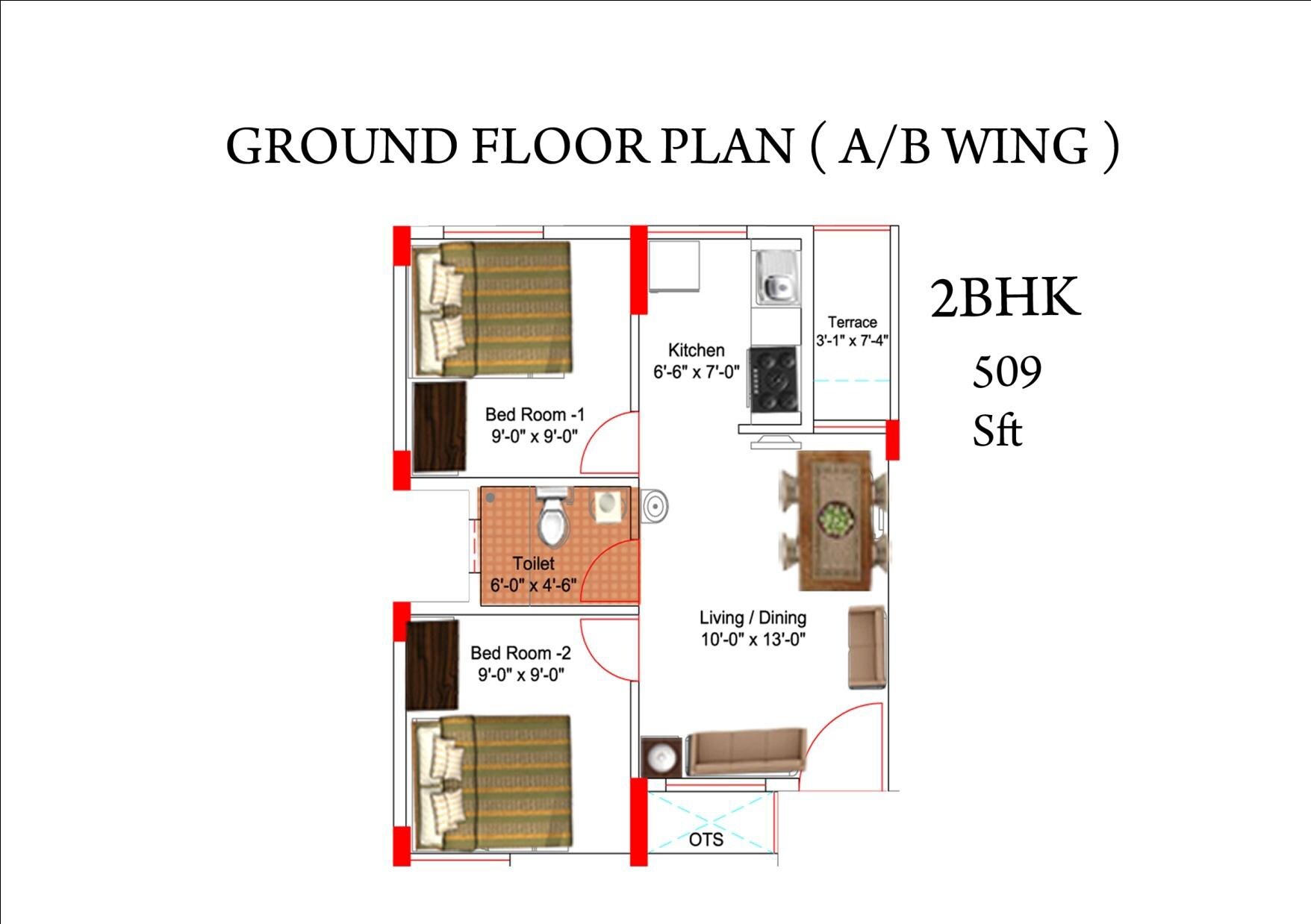 Floor plan of 2 BHK 509 Sq. Ft. Apartment in Aswani Sunshine, Bangalore