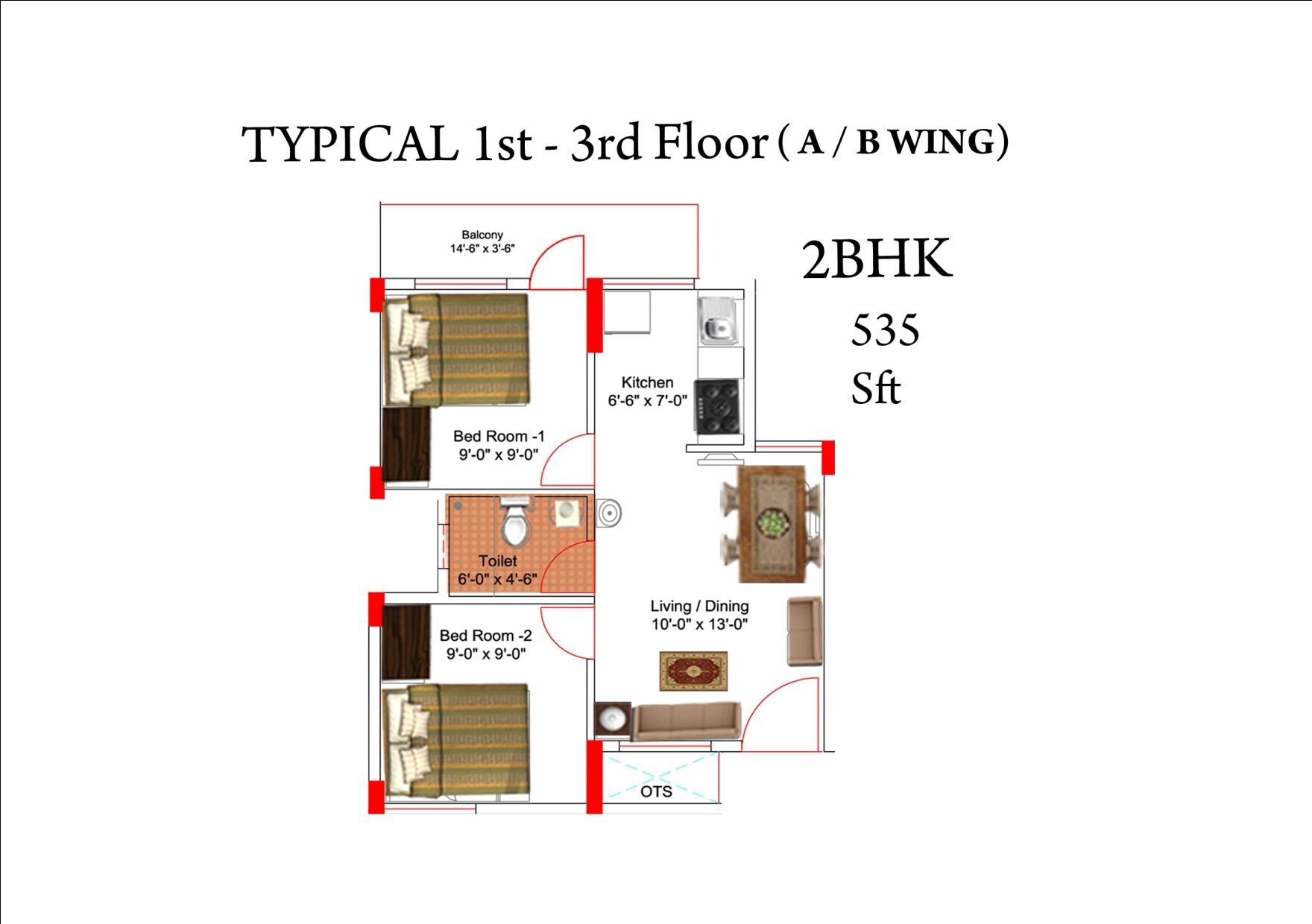 Floor plan of 2 BHK 535 Sq. Ft. Apartment in Aswani Sunshine, Bangalore
