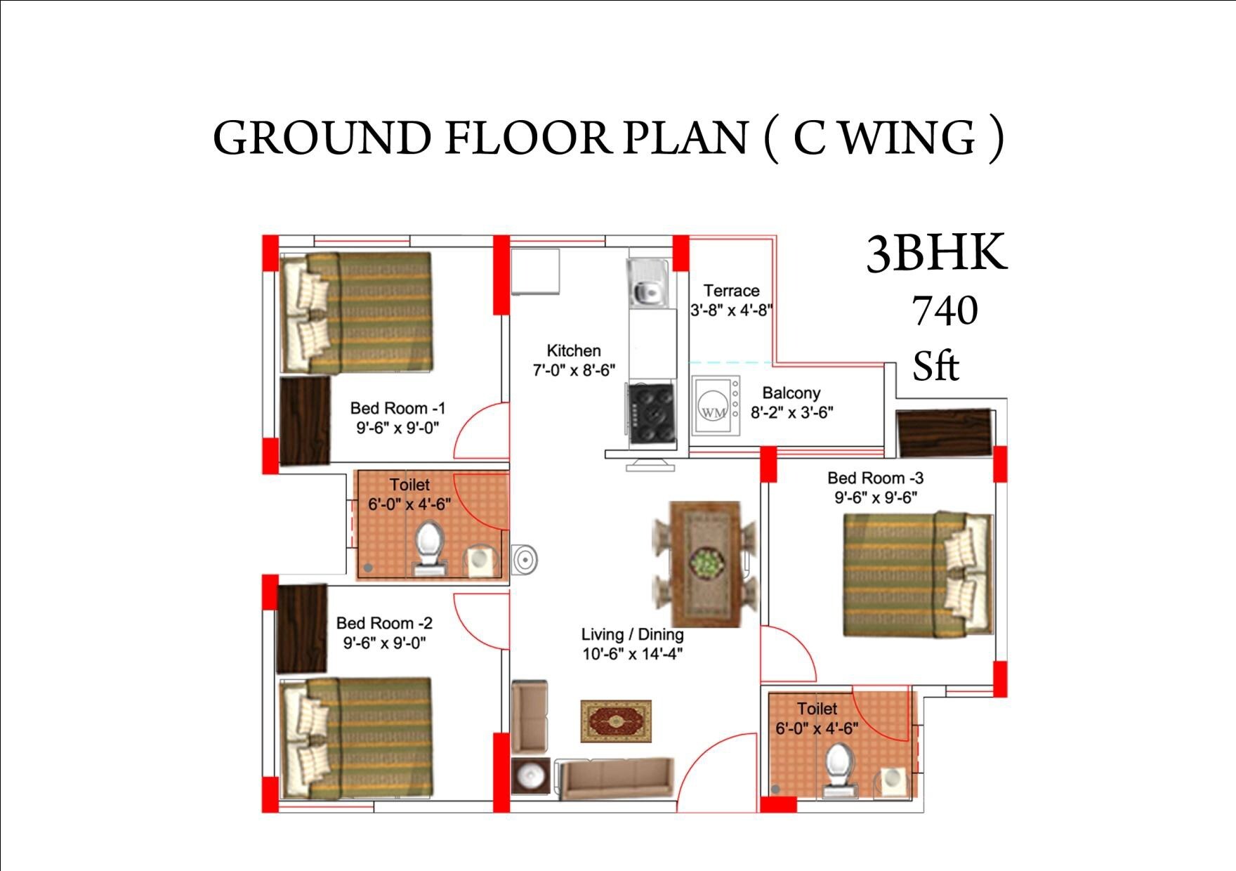 Floor plan of 3 BHK 740 Sq. Ft. Apartment in Aswani Sunshine, Bangalore