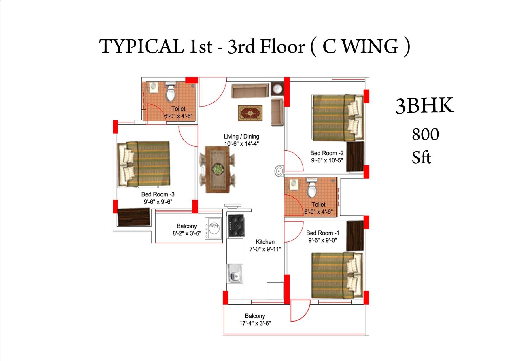 Floor plan of 3 BHK 800 Sq. Ft. Apartment in Aswani Sunshine, Bangalore