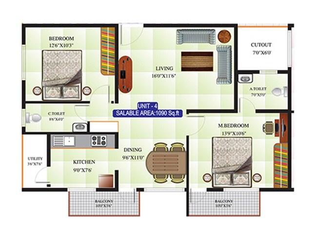 2 BHK 1090 Sq. Ft. Apartment