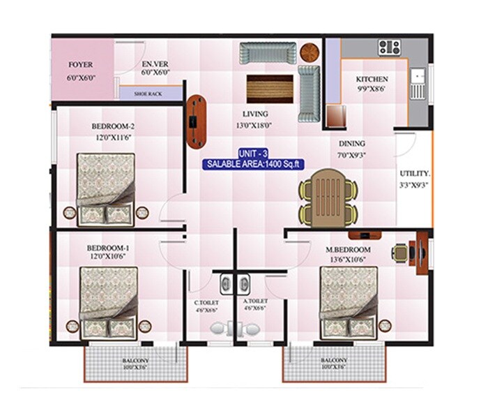 3 BHK 1400 Sq. Ft. Apartment