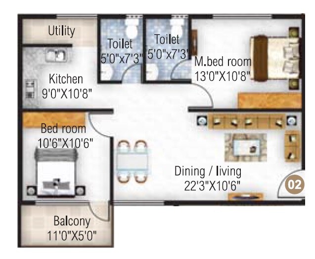 Floor plan of 2 BHK Apartment - 1092 sq. ft. in Atco Sapphire, Bangalore
