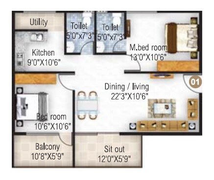 Floor plan of 2 BHK Apartment - 1187 sq. ft. in Atco Sapphire, Bangalore