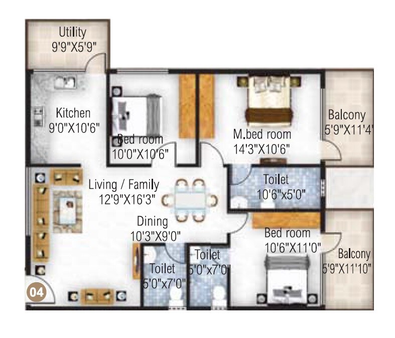 Floor plan of 3 BHK Apartment - 1544 sq. ft. in Atco Sapphire, Bangalore