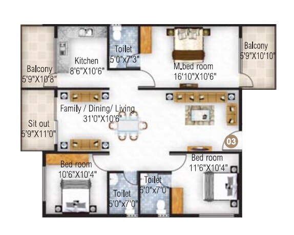 Floor plan of 3 BHK Apartment - 1673 sq. ft. in Atco Sapphire, Bangalore