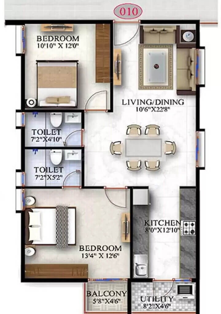 2 BHK 1218 Sq. Ft. Apartment