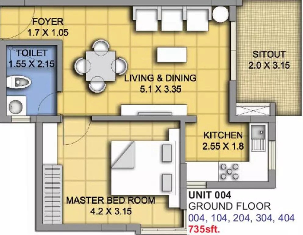 Floor plan of 1 BHK 735 Sq. Ft. Apartment in ATZ Rock View, Bangalore