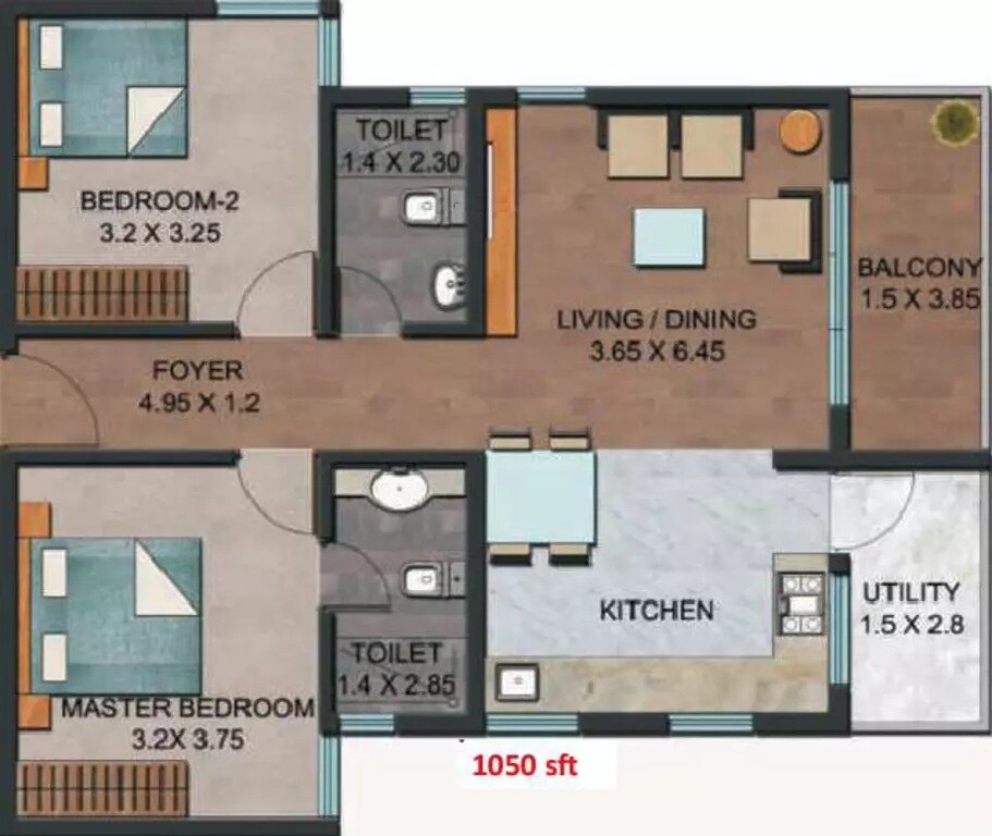 Floor plan of 2 BHK 1050 Sq. Ft. Apartment in ATZ Rock View, Bangalore