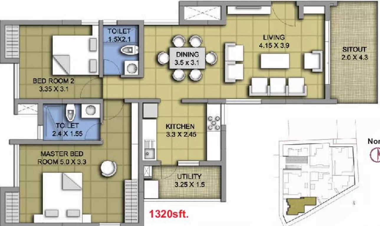 Floor plan of 2 BHK 1320 Sq. Ft. Apartment in ATZ Rock View, Bangalore