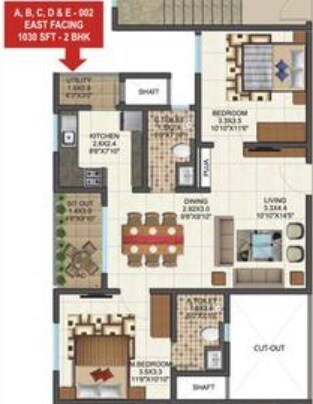 Floor plan of 2 BHK 1030 Sq. Ft. Apartment in ATZ Ultima, Bangalore