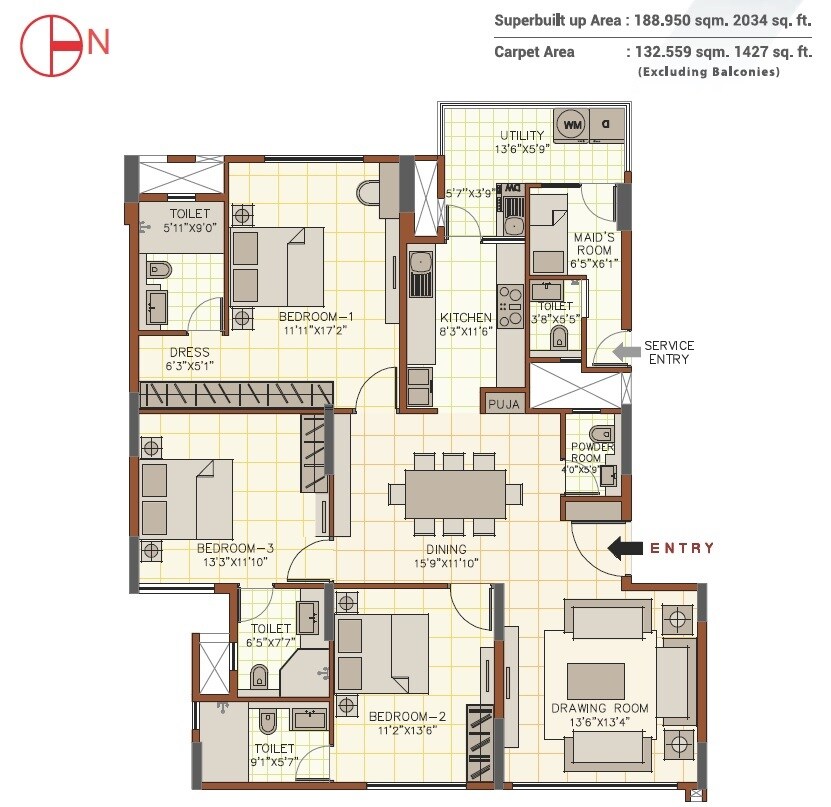 Floor plan of 3 BHK 2034 Sq. Ft. Apartment in August Grand, Bangalore