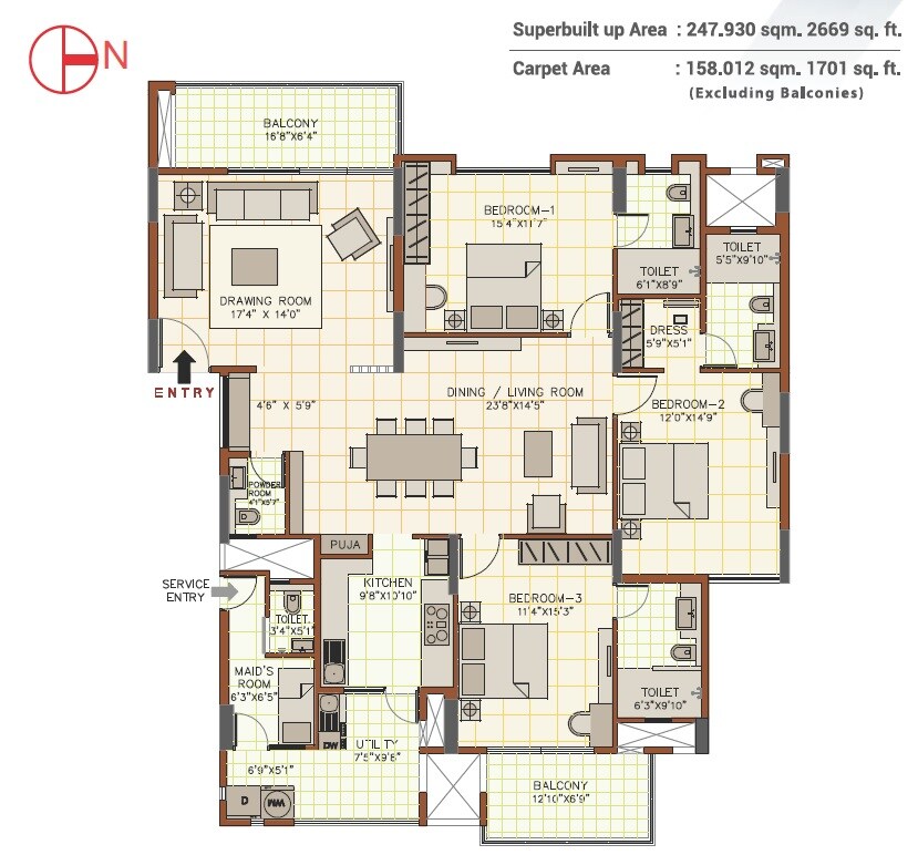 Floor plan of 3 BHK 2669 Sq. Ft. Apartment in August Grand, Bangalore