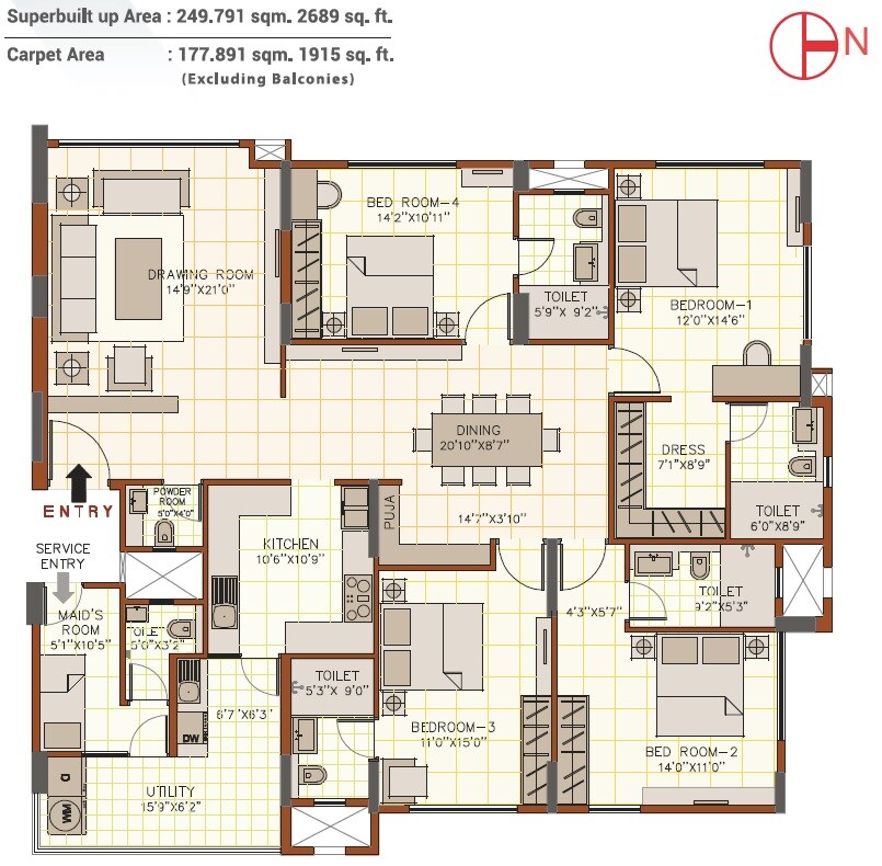 Floor plan of 4 BHK 2689 Sq. Ft. Apartment in August Grand, Bangalore