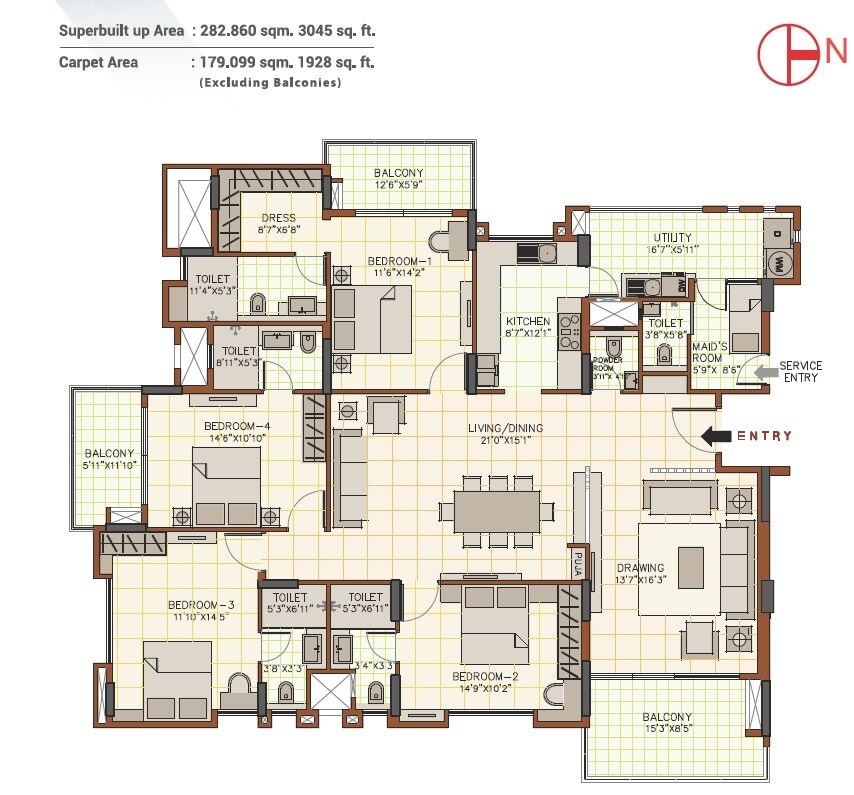 Floor plan of 4 BHK 3045 Sq. Ft. Apartment in August Grand, Bangalore