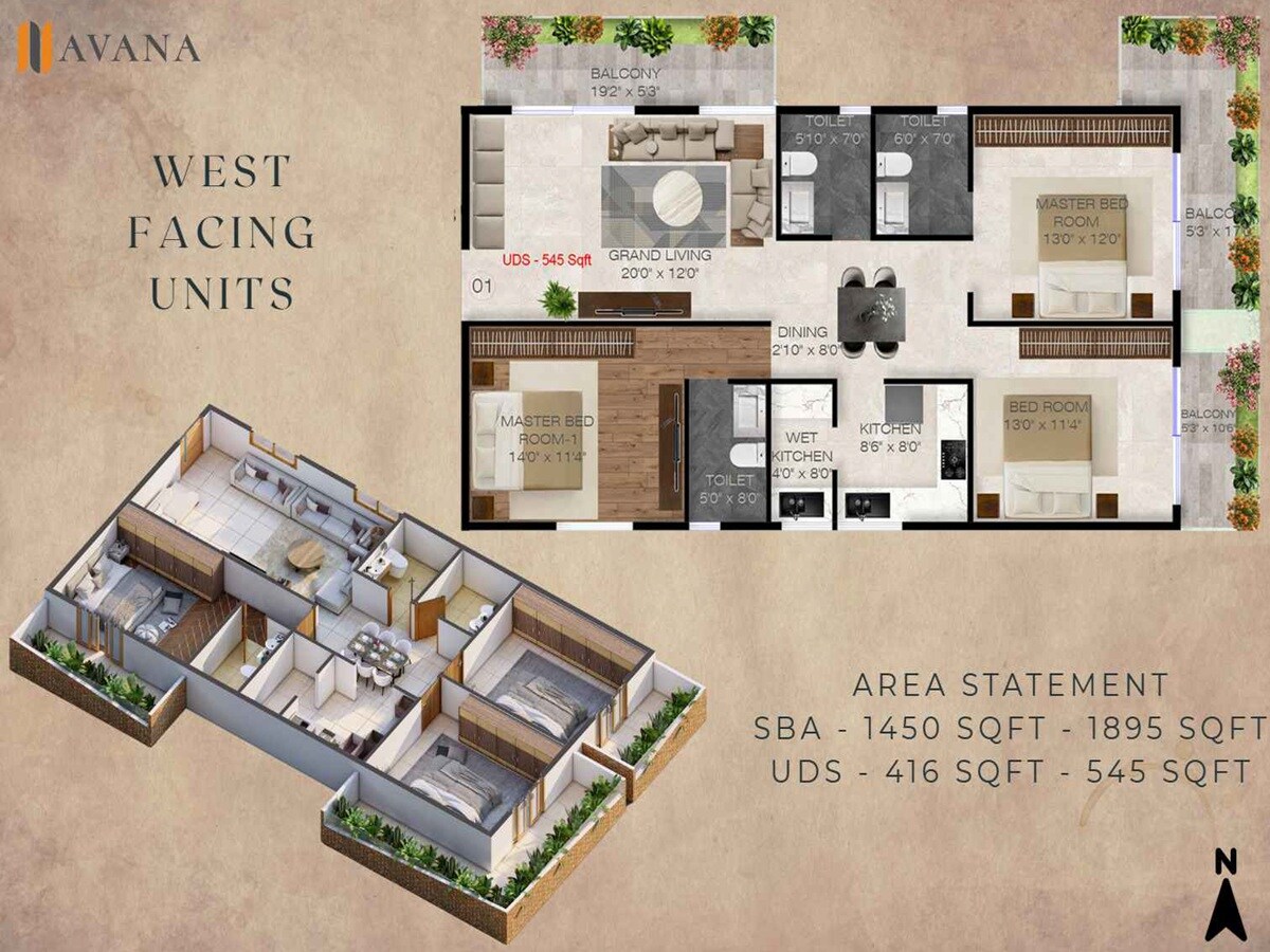 Floor plan of 3 BHK 1450 Sq. Ft. Apartment in Avana Floresta, Bangalore