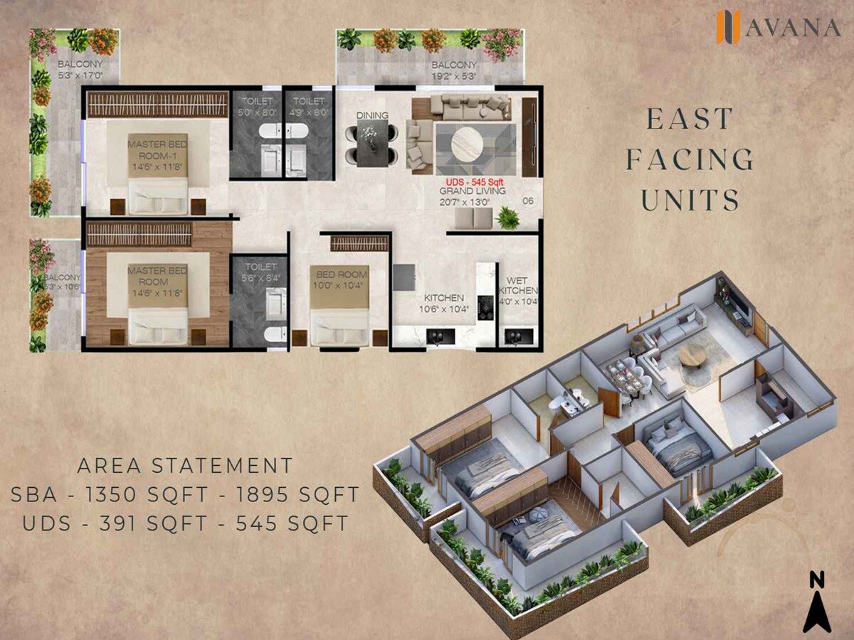 Floor plan of 3 BHK 1895 Sq. Ft. Apartment in Avana Floresta, Bangalore