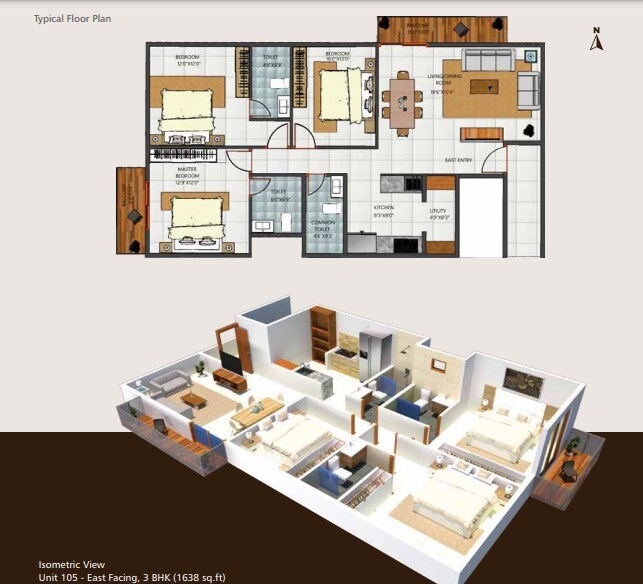 Floor plan of 3 BHK 1638 Sq. Ft. Apartment in Avaneesh Aiekya, Bangalore
