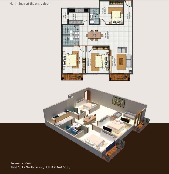 Floor plan of 3 BHK 1674 Sq. Ft. Apartment in Avaneesh Aiekya, Bangalore