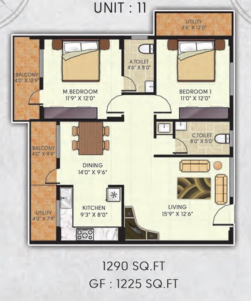 Floor plan of 2 BHK 1290 Sq. Ft. Apartment in Avani Gardens, Bangalore