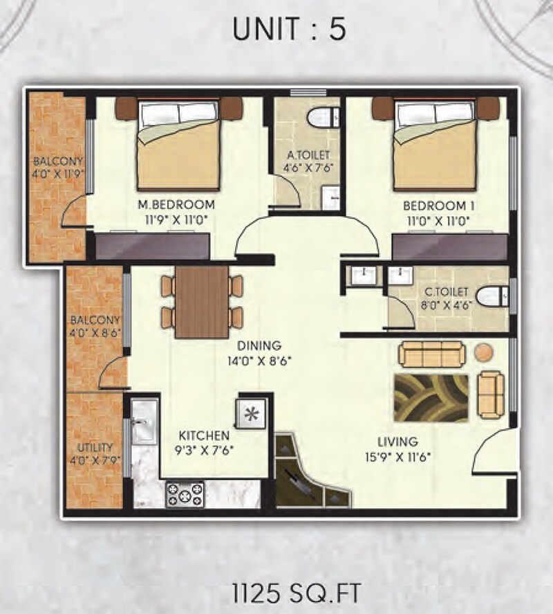 Floor plan of 2 BHK 1125 Sq. Ft. Apartment in Avani Gardens, Bangalore
