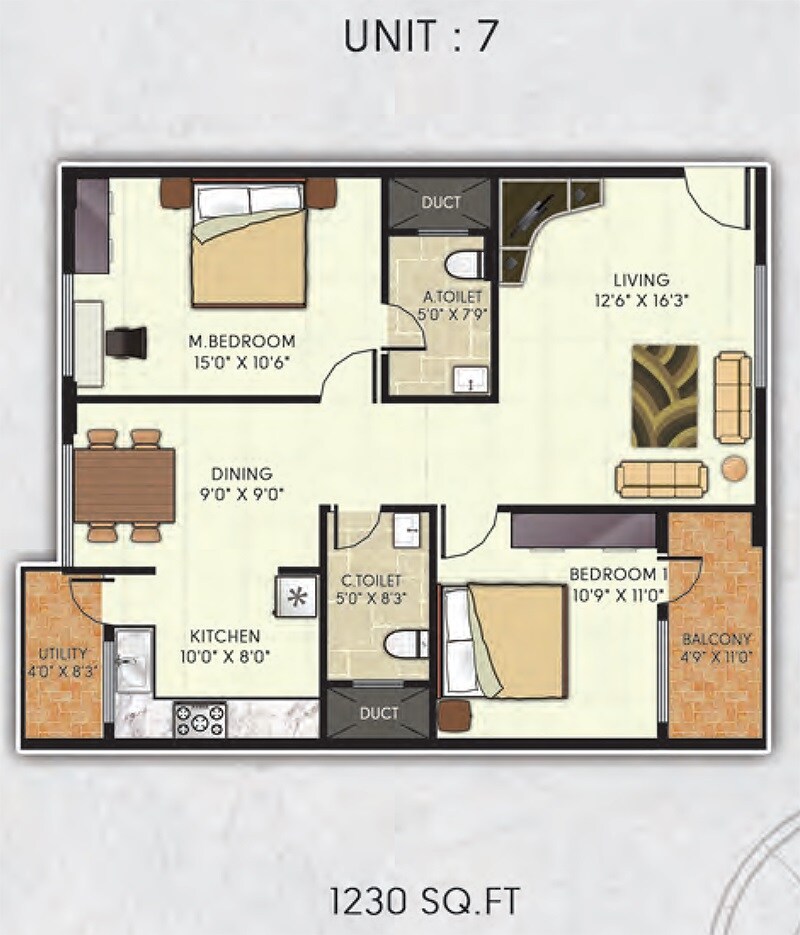 Floor plan of 2 BHK 1230 Sq. Ft. Apartment in Avani Gardens, Bangalore