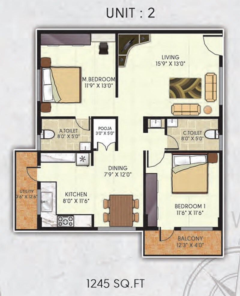 Floor plan of 2 BHK 1245 Sq. Ft. Apartment in Avani Gardens, Bangalore