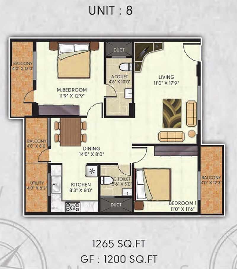 Floor plan of 2 BHK 1265 Sq. Ft. Apartment in Avani Gardens, Bangalore