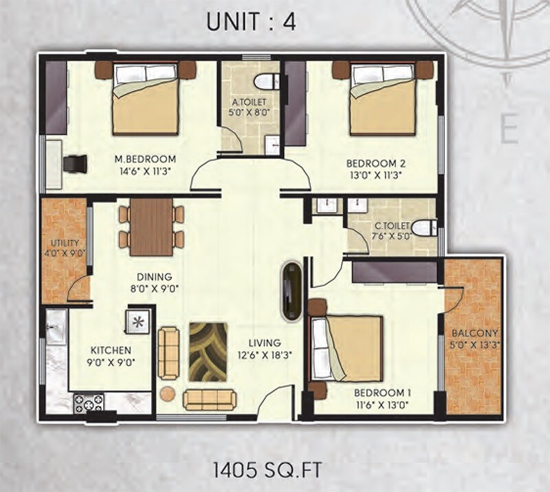 Floor plan of 3 BHK 1405 Sq. Ft. Apartment in Avani Gardens, Bangalore
