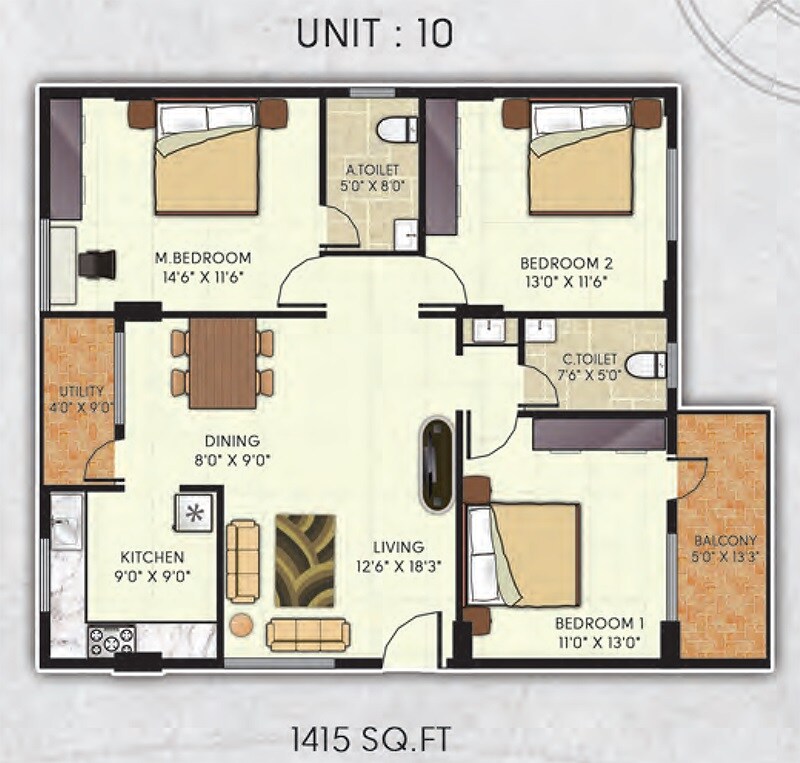 Floor plan of 3 BHK 1415 Sq. Ft. Apartment in Avani Gardens, Bangalore