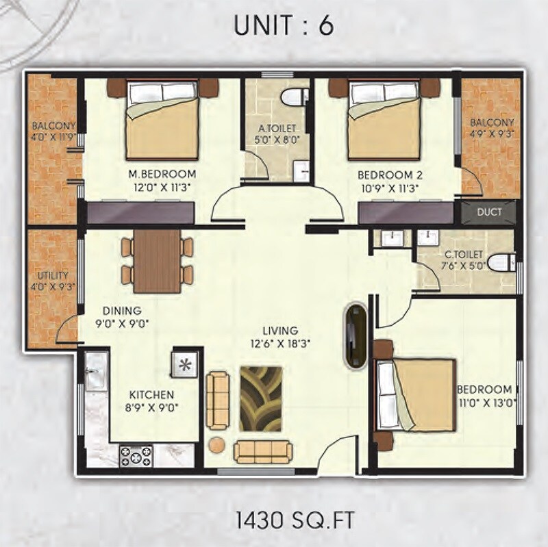 Floor plan of 3 BHK 1430 Sq. Ft. Apartment in Avani Gardens, Bangalore