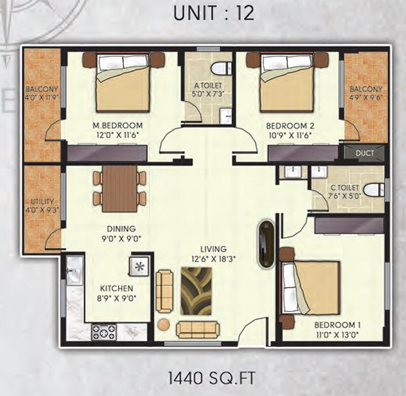 Floor plan of 3 BHK 1440 Sq. Ft. Apartment in Avani Gardens, Bangalore